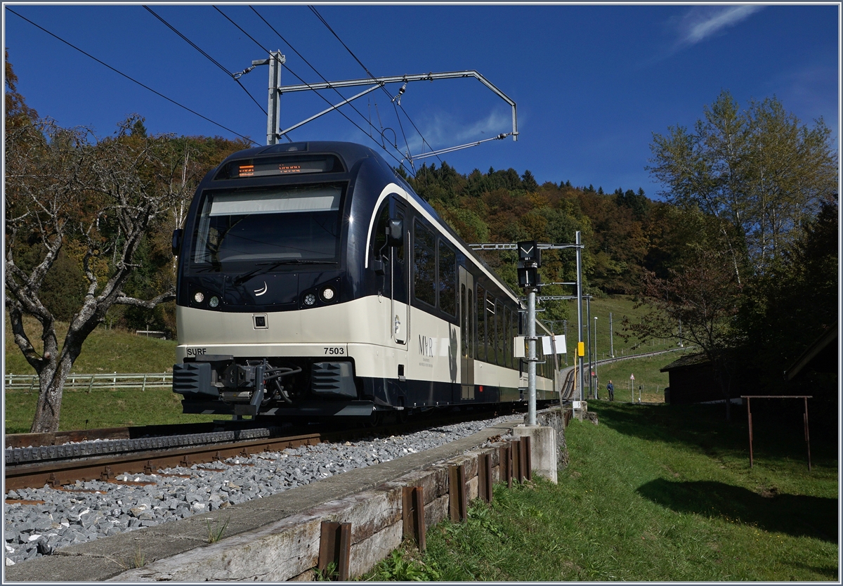 Der im CEV MVR  Inselbetrieb  tätige SURF ABeh 2/6 7503 von Les Pléiades nach dem kurzen Halt in Halt Fayaux.
Ein weiterer ABeh 2/6 pendelt zwischen Blonay und Prélaz.
16. Okt. 2016