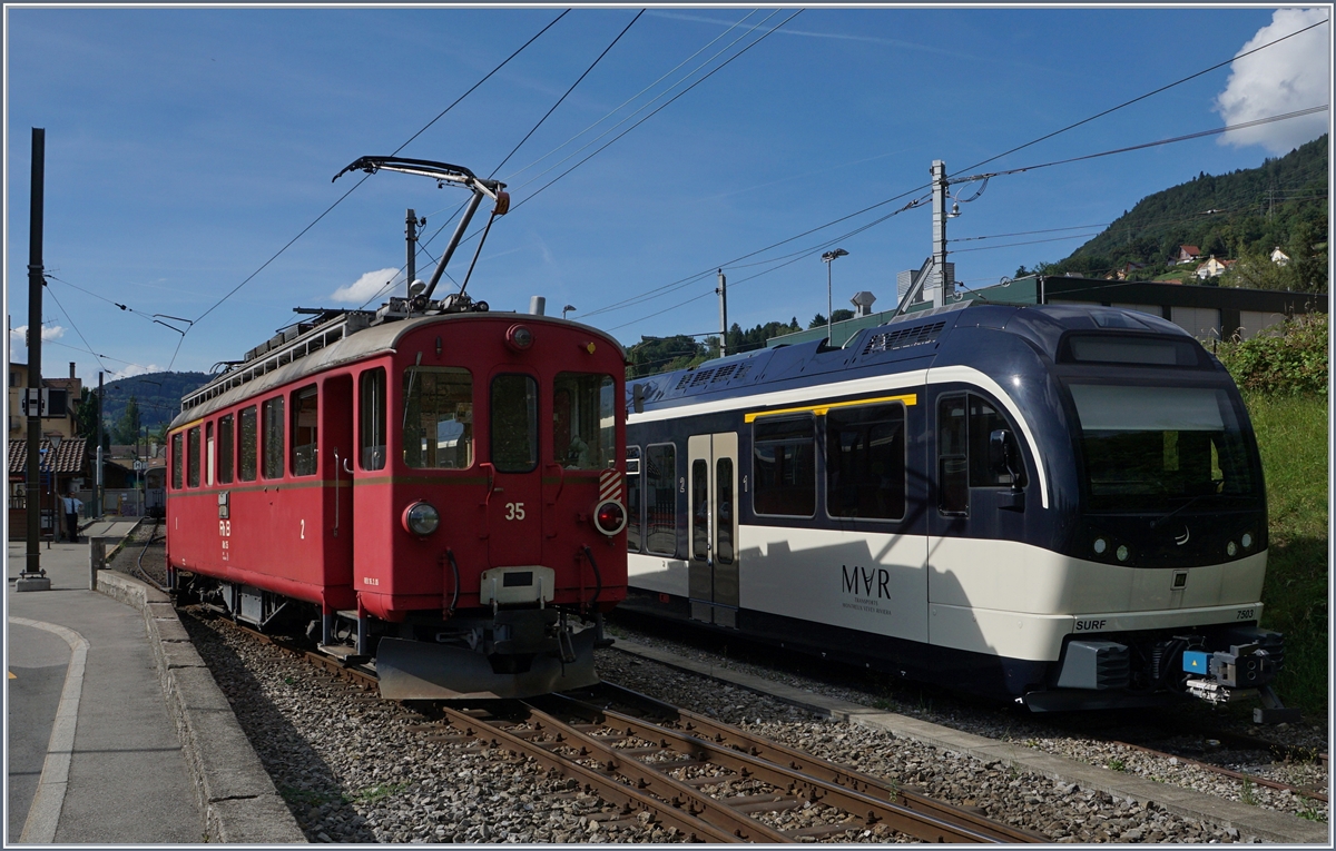 Der Rh.B. ABe I 4/4 35 in Blonay bei der B-C. 
1. Aug. 2016