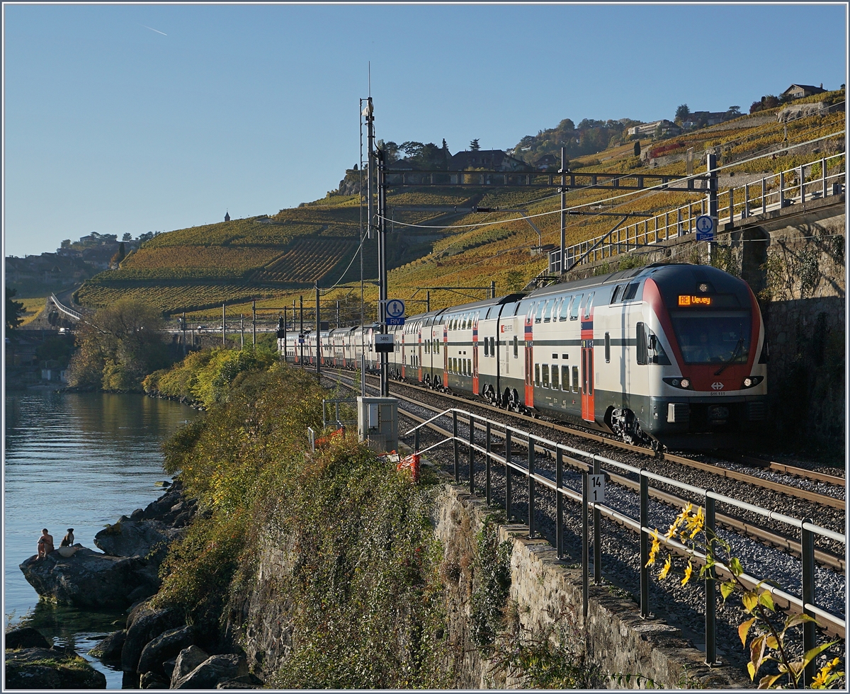 Der SBB RABe 511 111 und ein weiteres auf der Fahrt nach Vevey zwischen Rivaz und St-Saphorin.
16. Okt. 2017