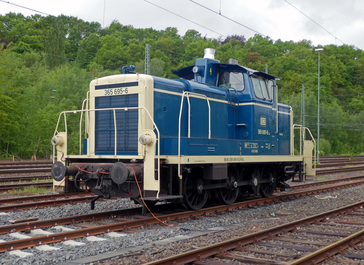 Die 365 695-6 der Aggerbahn (Andreas Voll e.K., Wiehl), ex DB V 60 695, ex DB 261 695-1 sowie ex DB 361 695-0, ist am 10.05.2014 in Betzdorf/Sieg abgestellt.

Die V60 der schweren Bauart wurde 1960 von MaK unter der Fabriknummer 600284 gebaut und als V 60 695 an die DB geliefert, 1968 erfolgte die Umzeichnung in 261 695-1, eine weitere Umzeichnung in 361 695-0 erfolgte 1987. Ein Umbau mit Einbau einer Funkfernsteuerungen und Umzeichnung in 365 695-6 erfolgte 1989. Bis zur z-Stellung im Mai 2005 lief die Lok bei der DB bzw. Railion Deutschland AG, die endgültige Ausmusterung erfolgte dann am 12.02.2007. Ab 2008 war die Lok bei GK Lokservice GbR (Duisburg), bis sie 2012 zur Aggerbahn kam. Hier trägt sie nun auch die NVR-Nummer 98 80 3365 695-6 D AVOLL.

Die Beschreibung brauchte ich nur zu kopieren und das Datum und den Ort verändern. ;-)