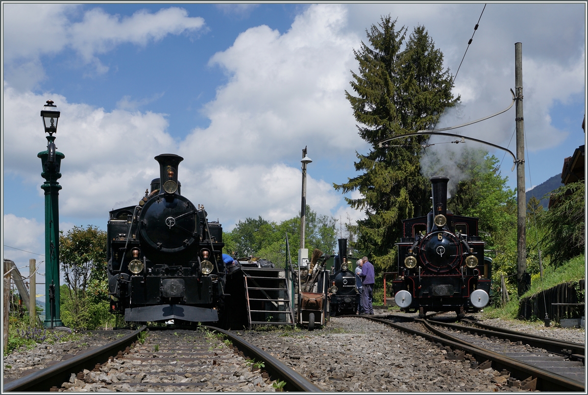Die Blonay-Chamby BFD HG 3/4 N° 3 und BAM  G 3/3 N° 6 (ex JS 909) zeigen sich in Chaulin bei der Bekohlung bzw. auf einer Rangierfahrt.

15. Mai 2016