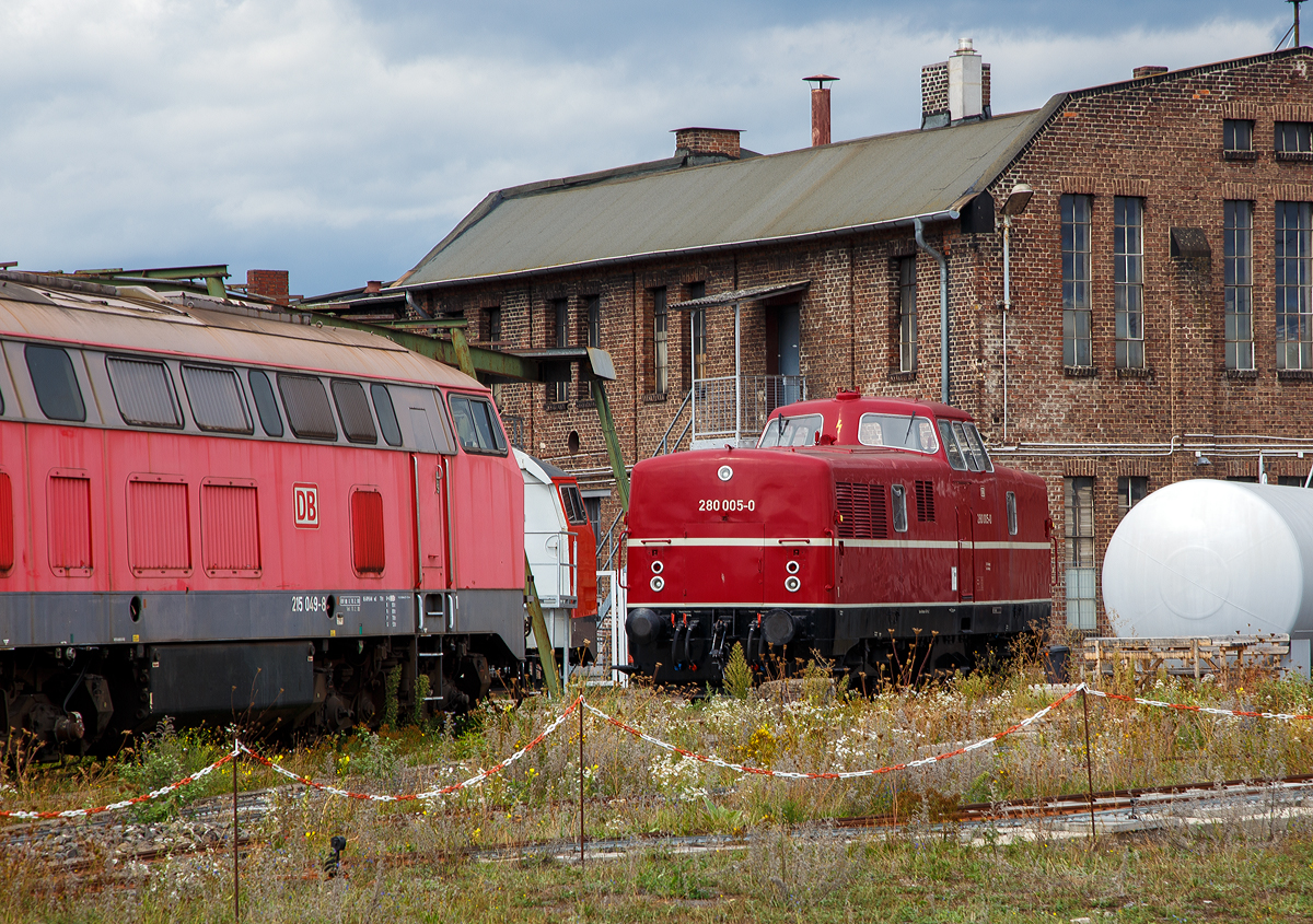 Die DB 280 005-0, ex DB V 80 005, ex am 04.09.2020 im DB Museum Koblenz.

Die V 80 wurde 1952 Krauss-Maffei in München-Allach unter der Fabriknummer 17720 gebaut und als V80 005 an die Deutsche Bundesbahn geliefert,1968 erfolgte die Umzeichnung in DB 280 005-0. Die z-Stellung und Ausmusterung bei der DB erfolgte 1978. Nach einer Aufarbeitung im AW Nürnberg wurde sie dann nach Italien an die Edile Ferroviaria Nicola Cioce S.L.R. (Bari) verkauft hier verrichtet sie als T 6509 bis 2008.

Beim Brand des Lokschuppens des DB Museum Nürnberg am 17. Oktober 2005, wurde die damalige Museumslok 280 002 zerstört. Als Ersatz erhielt das DB Museum im Juni 2008 im Tausch gegen eine Diesellok der Baureihe 216 aus dem eigenen Bestand die 280 005 aus Italien. Im April 2013 wurde sie im Dampflokwerk Meiningen in Ursprungslackierung mit Computerbeschriftung äußerlich aufgearbeitet.

Ab 1951 wurden bei MaK und Krauss-Maffei je 5 Lokomotiven des Typs V 80 gebaut, der von der Deutschen Bundesbahn und der Industrie entwickelt worden war, wobei zahlreiche neue Technologien angewandt wurden. Dies betraf einerseits die moderne Schweißtechnik, die im Stahlbau zur Anwendung kam, andererseits wurde eine ganz neue Konzeption der Lok verwirklicht. Sie besaß einen selbsttragenden Lokkasten und Drehgestelle, deren Radsätze von einem hydraulischen Getriebe aus über Gelenkwellen angetrieben wurden. Für die Versorgung von Dampfheizungen bei Personenzügen wurde im kurzen Vorbau ein Heizkessel eingebaut.

Im Zuge der sich anschließenden zahlreichen Erprobungen konnte die Eignung der Gelenkwellen zur Kraftübertragung nachgewiesen werden, wodurch die Realisierung des späteren DB-Typenprogramms erst ermöglicht wurde. Im regulären Betrieb wurden die Loks dann im leichten Haupt- und Nebenbahndienst eingesetzt, bevor die Letzten von ihnen im Jahr 1978 ausgemustert wurden. Lediglich die von Krauss-Maffei gebaute V 80 002 blieb als betriebsfähige Museumslok bei der DB vorhanden, während die übrigen nach Italien verkauft wurden, diese wurde aber beim großen Lokschuppenbrand des Nürnberger Verkehrsmuseums am 17. Oktober 2005 ein Opfer der Flammen und wurde später verschrottet.

Der Bau einer Serie wurde nicht realisiert, da die V 80 sich in ihrer ursprünglichen Aufgabe als Universallok letztendlich nicht bewährte. Die Nachfolge haben zumeist die konzeptionell recht ähnlichen Loks des Typs V 100.10 und die verschiedenen Rangierlokomotiven übernommen.

Technische Daten:
Spurweite: 1435 mm
Achsfolge:  B´B´
Länge über Puffer: 12.800 mm
Drehzapfenabstand: 6.300 mm
Drehgestellachsstand:  2.900 mm 
größte Breite:  3.115 mm
größte Höhe über Schienenoberkante:  4.160 mm
Raddurchmesser neu:  950 mm
kleinster befahrbarer Gleisbogen:  80 m
Dienstgewicht:  58 t
Kraftstoffvorrat:  1350 l 
Höchstgeschwindigkeit:  100 km/h

Motor:        
Ursprünglich ein Daimler-Benz MB820Bb mit 1000 PS (736 kW) bei 1500 1/min
Der Motor wurden später gegen einen MTU MB 12 V 493 TZ  ein 12-Zylinder Viertakt-Dieselmotor, mit Abgasturbolader ausgetauscht, diese hat eine Leistung von 1100 PS.
          
Getriebe: Mekydro-Getriebe K104 von Maybach       
Die Kraftübertragung vom Motor auf die Radsätze erfolgt über das hydrodynamisches Getriebe über Gelenkwellen auf die einzelnen Radsatzvorgelegen in den Drehgestellen.

Die Diesellokomotivbaureihe V80 stellte einst eine Revolution im deutschen Lokomotivbau dar, so wollen wir hoffen das diese Lok als ein würdiges Denkmal erhalten bleibt.