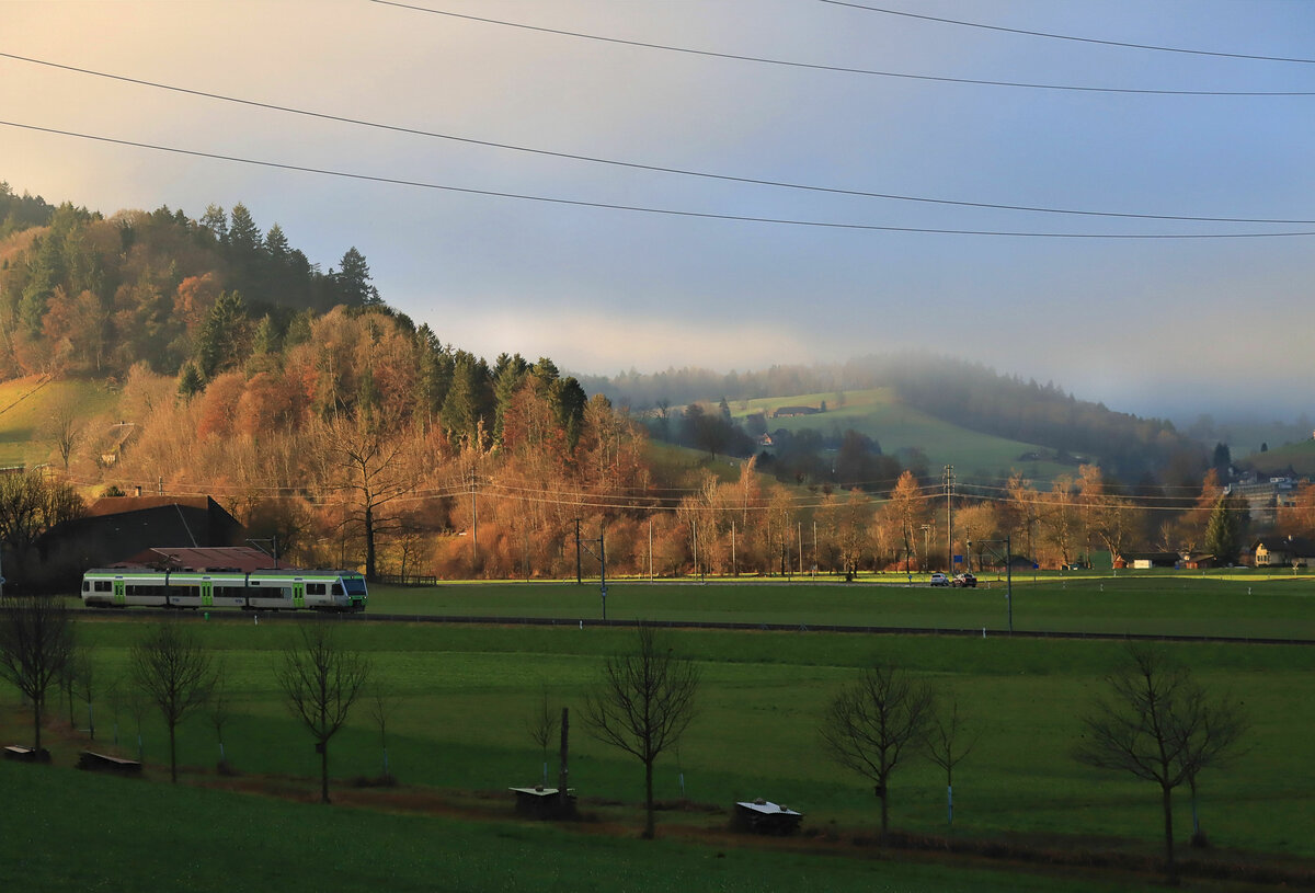 Die ehemalige VHB (Vereinigte Huttwil-Bahnen) / Strecke der ursprünglichen LHB(Langenthal-Huttwil-Bahn) / heute BLS S-Bahn Luzern S6 und S7: Kurz vor Lindenholz. BLS NINA 525 028. 31.Dezember 2021 
