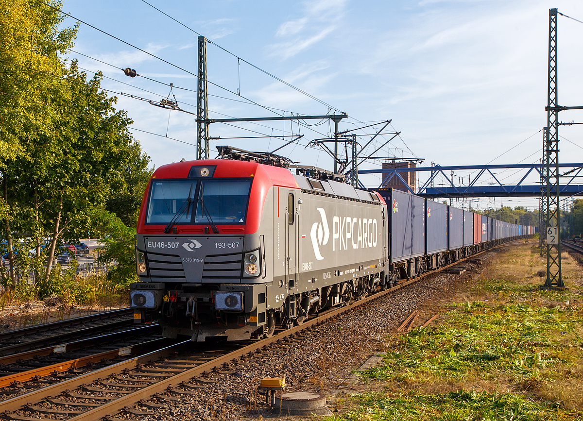 Die EU46-507 / 193-505 / 5 370 019-9 (91 51 5370 019-9 PL-PKPC) der PKP Cargo S.A. (Warschau), fährt am 20.09.2018, mit einem Containerzug durch den Hauptbahnhof Brandenburg an der Havel in westlicher Richtung.

Die Siemens Vectron MS wurde 2015 von Siemens Mobility GmbH in München-Allach unter der Fabriknummer 21994 gebaut und an die PKP Cargo S.A. (Warschau) geliefert. Diese Vectron Lokomotive ist als MS – Lokomotive (Mehrsystemlok) mit 6.400 kW konzipiert und zugelassen für Deutschland, Österreich, Ungarn, Polen, Tschechien, Slowakei und Rumänien (D/A/H/PL/CZ/SK/RO), sie hat eine zul. Höchstgeschwindigkeit von 160 km/h.