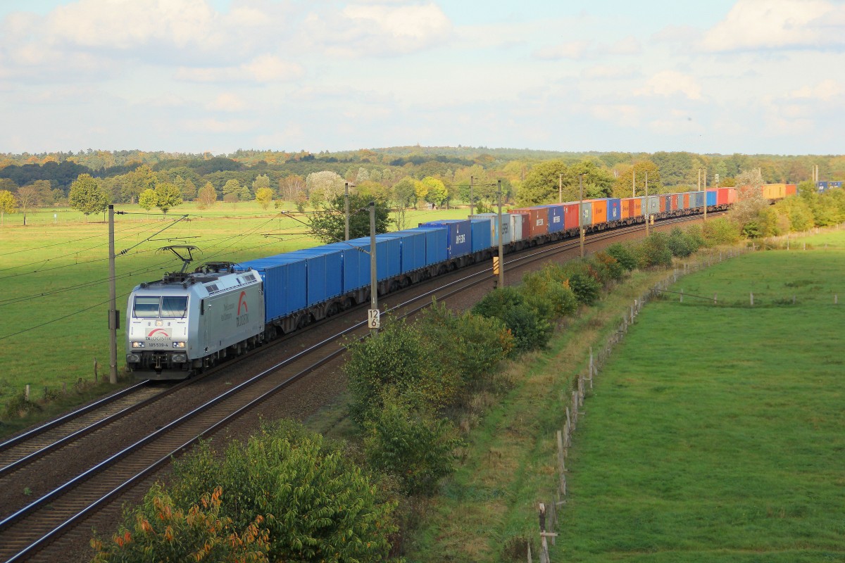 Die TX Logistik 185 538-4 mit Containerzug von Hamburg in Richtung Buchholz am 14.10.2014 auf der Güterumgeung bei Ramelsloh.