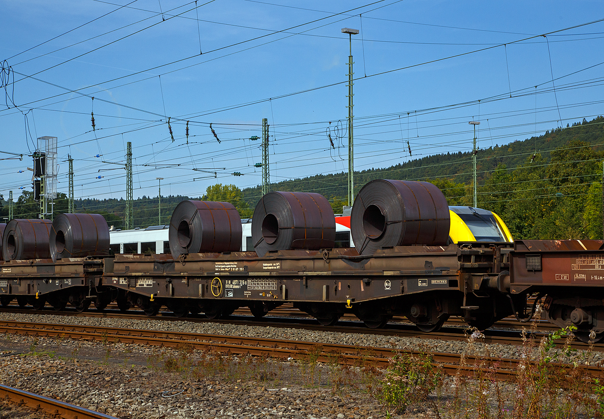 Drehgestellflachwagen mit sechs Radsätzen, mit aufgesetzten Gestell mit Lademulden für Coiltransporte (Blechrollen), 31 80 4871 319-8 D-DB. der Gattung Sahmms-t 710, der DB Cargo AG, am 03.09.2019 im Zugverband bei einer in Zugdurchfahrt in Betzdorf(Sieg).

Auf den eigentlichen Drehgestell-Flachwagen ist ein Ladegestell aufgesetzt, im dem sich 7 Lademulden für Coils befinden. Bei Bedarf kann das Ladegestell abgehoben werden und der Wagen kann so für andere Güter verwendet werden.

Technische Daten:
Spurweite: 1.435 mm
Anzahl der Achsen: 6 in zwei Drehgestellen
Länge über Puffer: 16.400 mm
Drehzapfenabstand: 8.400 mm
Achsabstand im Drehgestell: 3.400 (2 × 1.700) mm
Ladelänge: 15.000 mm
Ladebreite in den Mulden (Sahmms-t): 2.450 mm
max Coil-Ø: 2.200 mm
Höchstgeschwindigkeit: 100 km/h (beladen) /120 km/h (leer)
Maximales Ladegewicht ab Streckenklasse D: 69,5 t 
Maximales Ladegewicht ab Streckenklasse CE: 84,5 t (Streckenklasse CE oder höher)
Eigengewicht: 35.090 kg
Achslast: 20 t
Kleinster bef. Gleisbogenradius: 80 m
Bauart der Bremse: KE-GP
Bremssohle: IB 116
Handbremse: Fbr  
Intern. Verwendungsfähigkeit: RIV