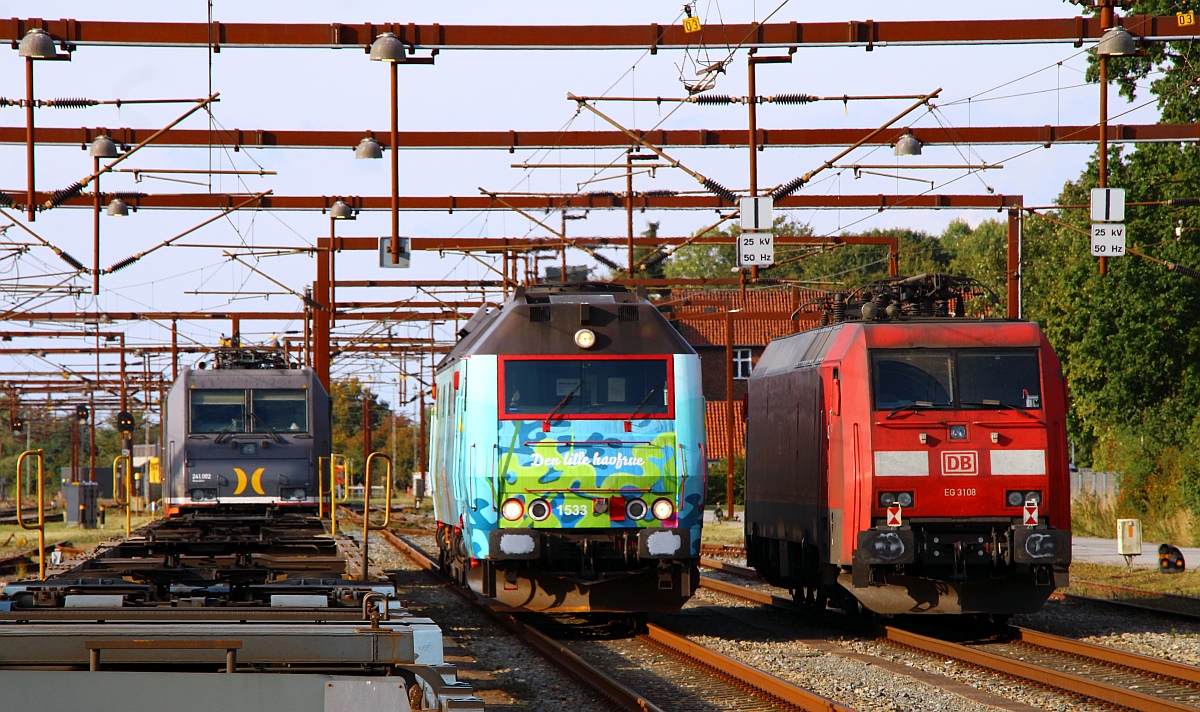 Drei Generationen in Pattburg...die noch junge 241.002 die schon etwas ältere EG 3108 und die Dieseloma Litra 1533. Pattburg 22.09.2022