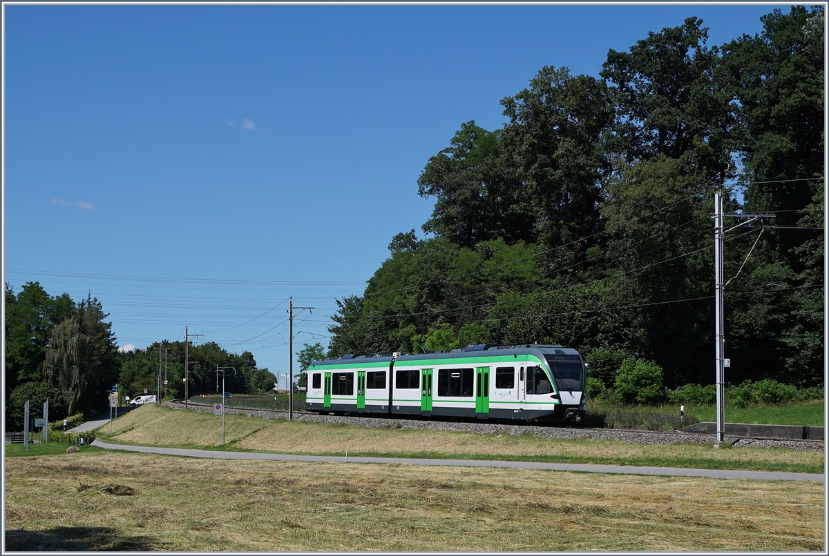 Ein LEB RBe 4/8 in der bereits l�ndlichen Landschaft kurz nach der Haltestelle Jouxtens-M�zery. 

22. Juni 2020