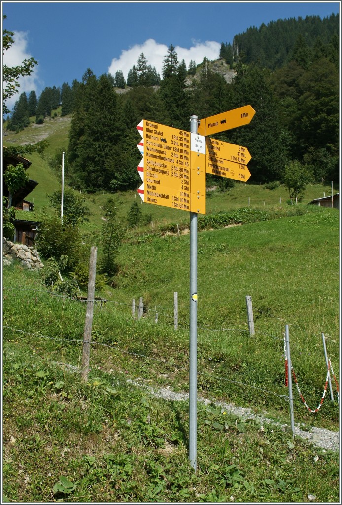 Ein Wegweisser auf der Planalp, der fr alle Geschmcker was bietet. Bahnfotografen bevorzugen die Wanderung zum Bahnhof (1 Minute) oder rechter Hand, zum Restaurant (3 Minuten)...
30 August 2013