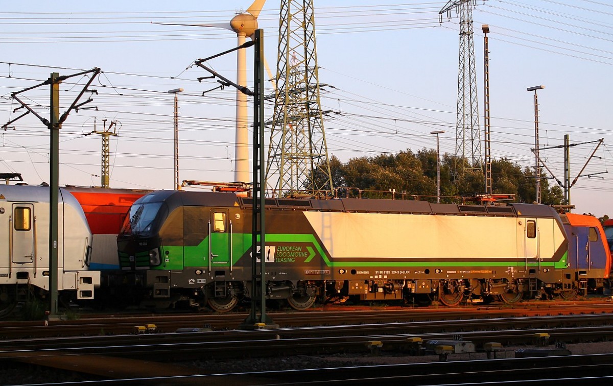 ELOC/ELL 193 224-3 im Einsatz für die WLC geniesst die Abendsonne an der blauen Brücke in Hamburg-Waltershof/Altenwerder. 29.08.2015