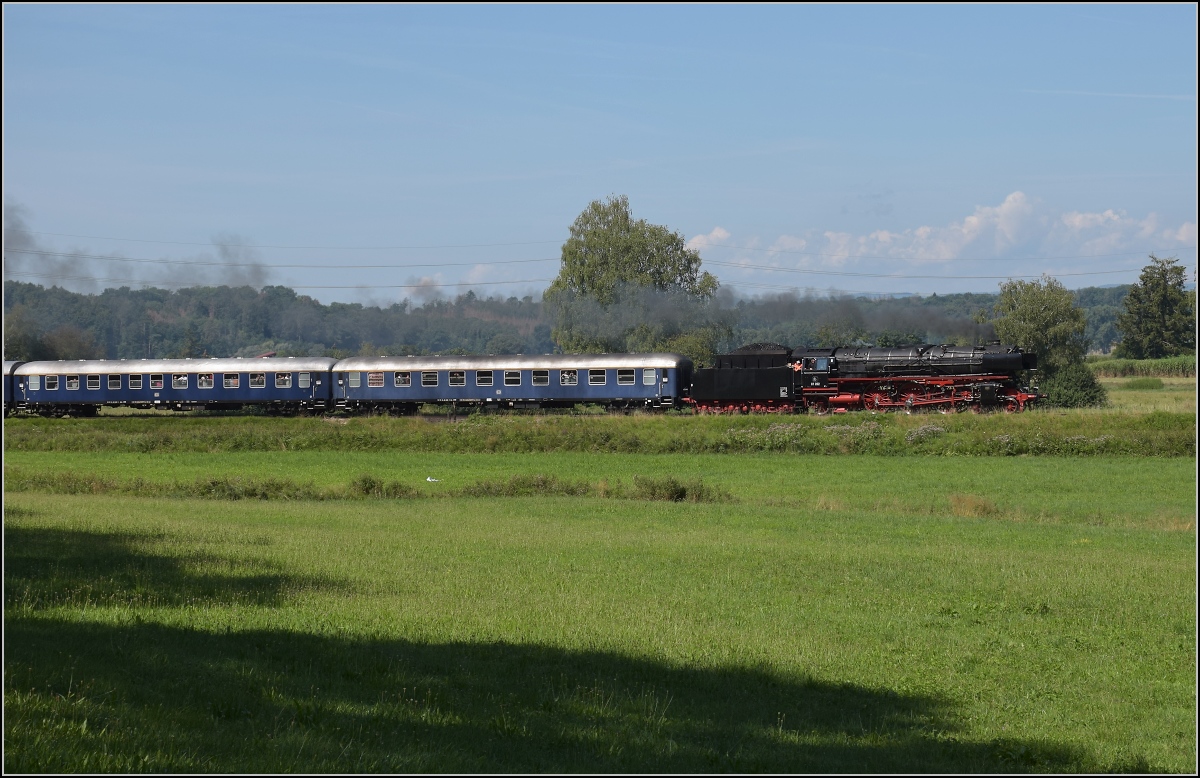 Endlich wieder Züge auf dem Schweizerbähnle (Etzwilen-Singen). 

01 202 mit dem Eröffnungszug zwischen Ramsen und Rielasingen, August 2020.