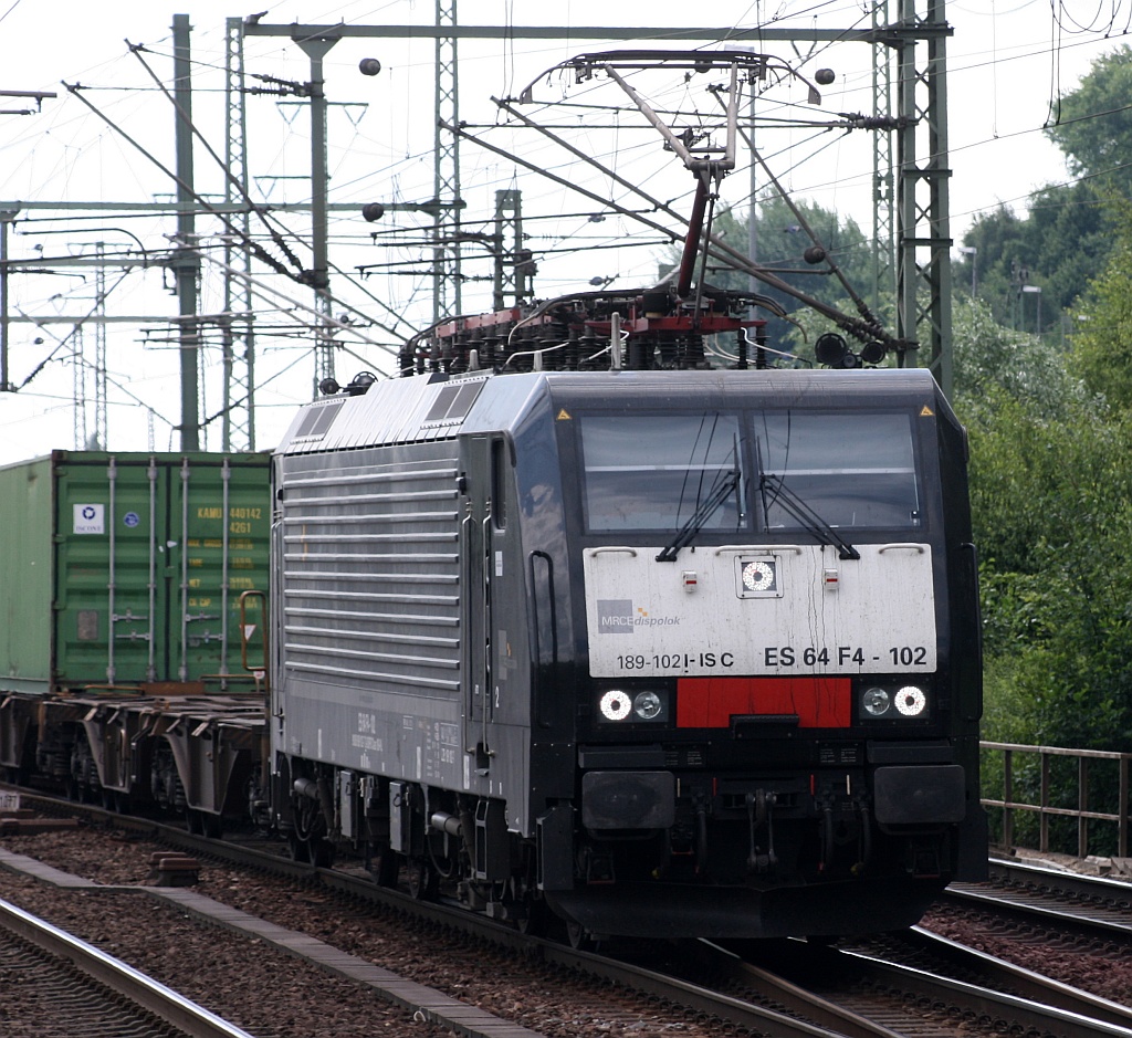 ES64F4-102/189 102 I-IS C unterwegs für Interporto Servizi Cargo bringt hier einen Continerzug nach HAmburg. HH-Harburg 12.07.12