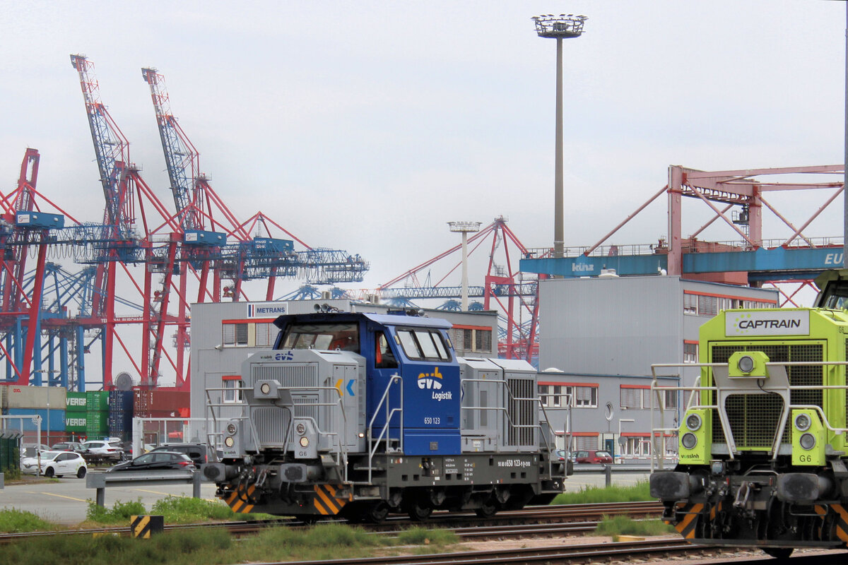 evb 650 123-9 fährt zu ihren Abstellplatz in Hamburg - Waltershof und die Besatzung macht erstmal Mittagspause. Datum: 28.08.2025.