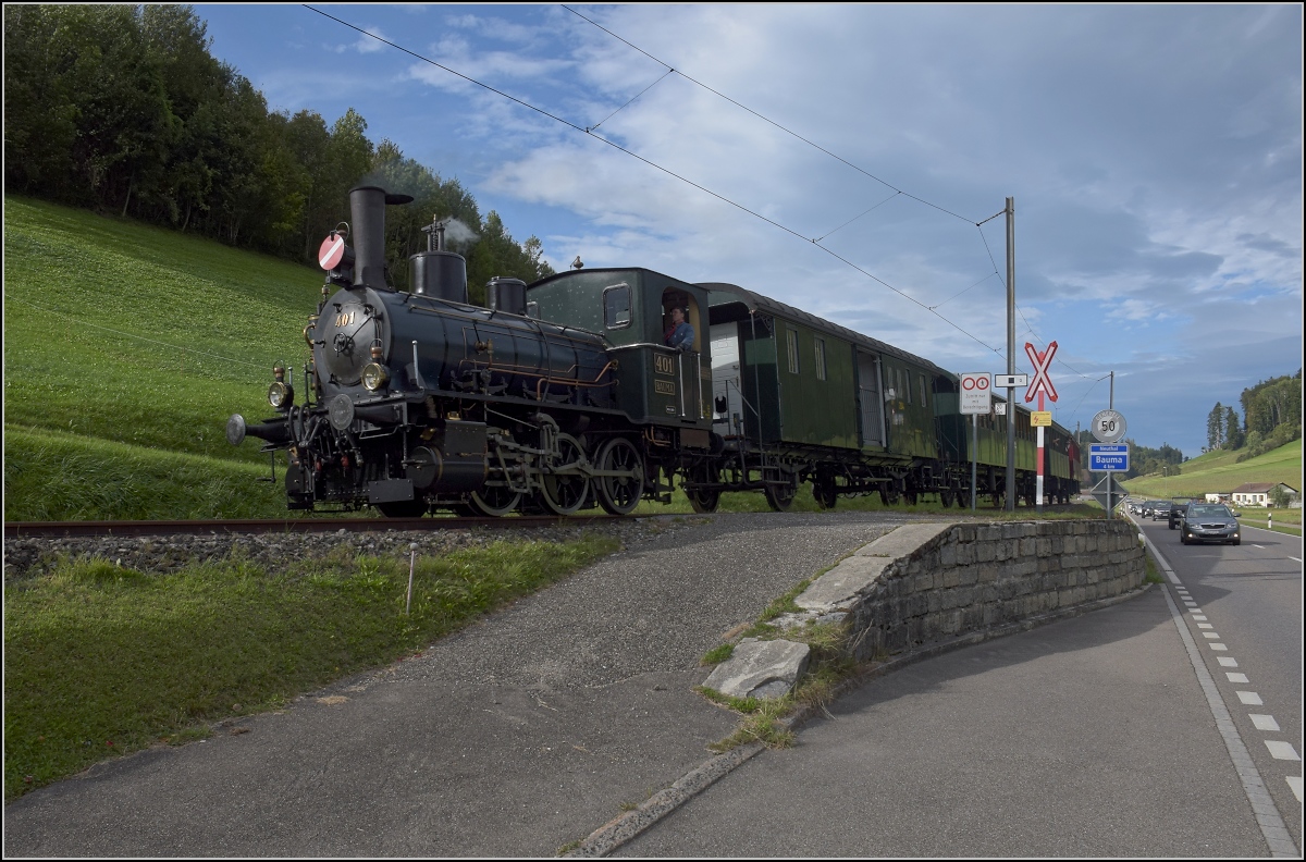 Fahrtag DVZO mit 120-jähriger Lady.

Ed 3/3 401 'Bauma' in Bäretswil. Oktober 2021