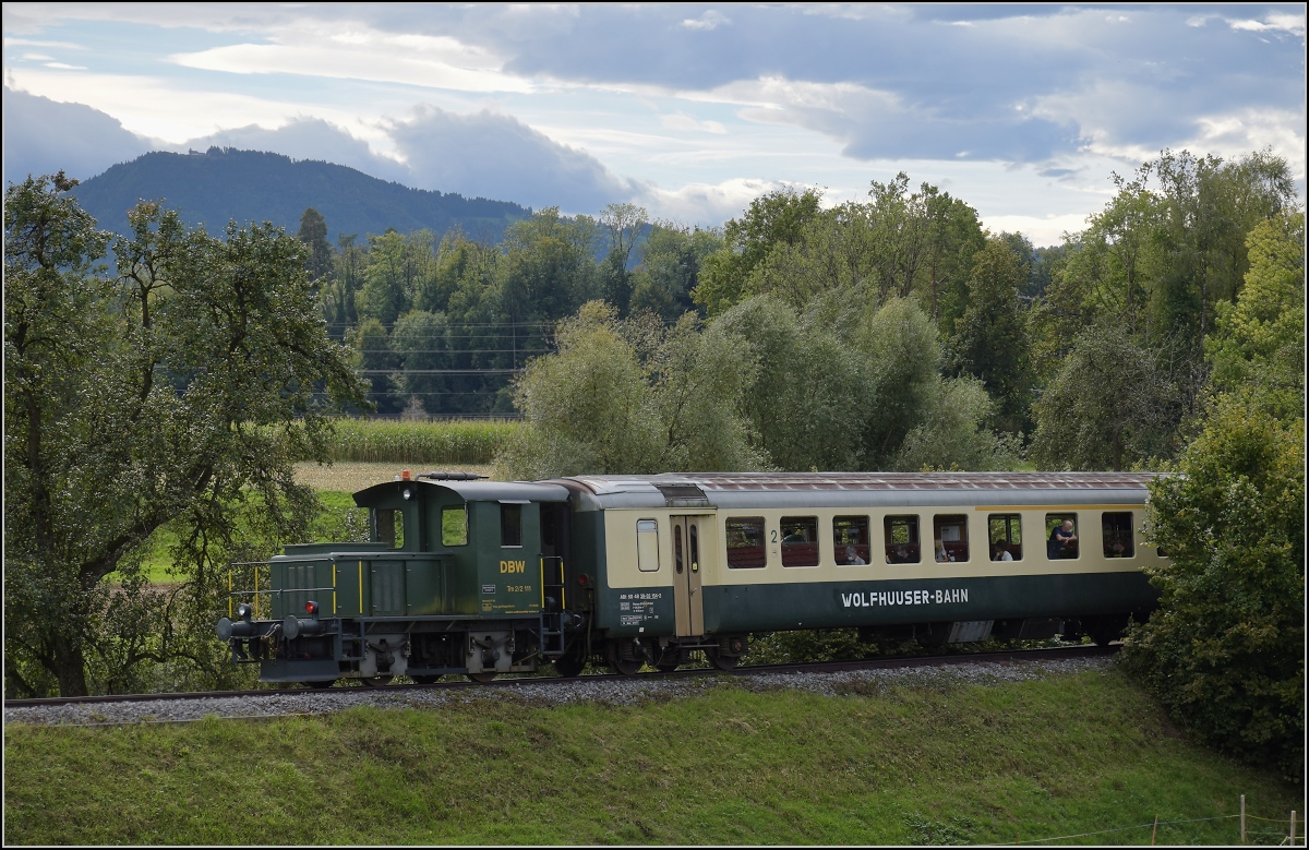 Fahrtag Wolfhuuser Bahn.

Tm 2/2 111 beim Gehöft Büel am Ortsende Bubikon. Oktober 2021.
