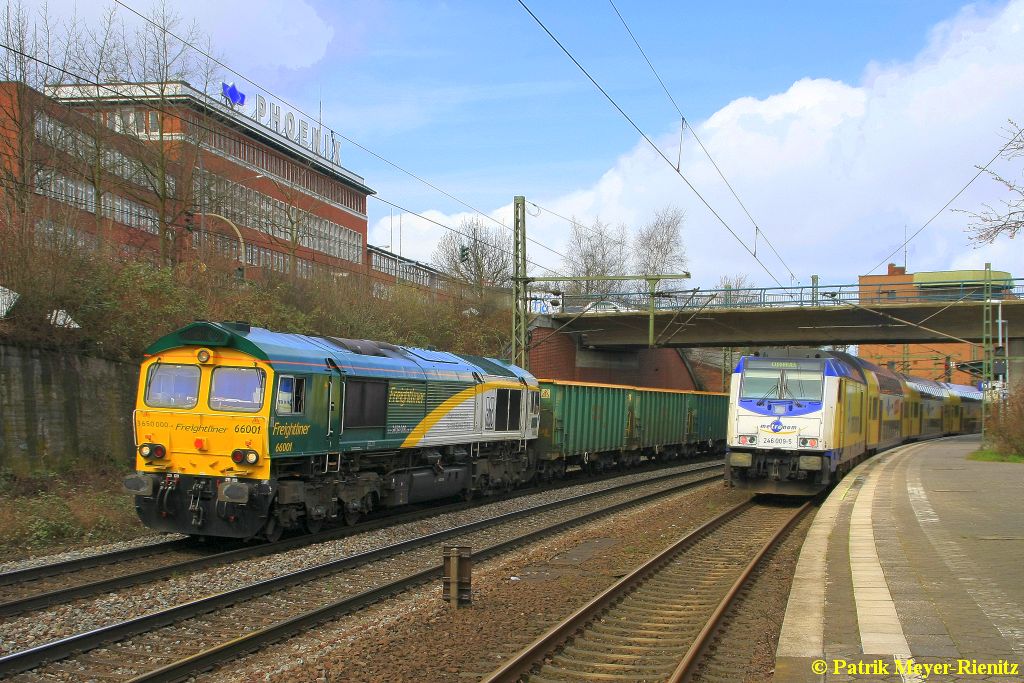 Freightliner 66001 mit FPL-Ganzzug am 01.04.2015 in Hamburg-Harburg auf dem Weg nach Süden