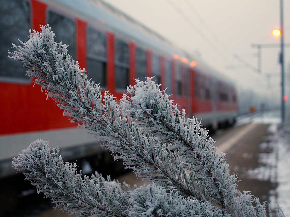 Frostig und schön anzusehen war der heutige Vormittag in Schleswig...angeschoben von der nicht zu sehenden 6 143 163(-4)verlässt hier der SH-Express/RE 7 Schleswig Richtung Hamburg. 23.01.2015