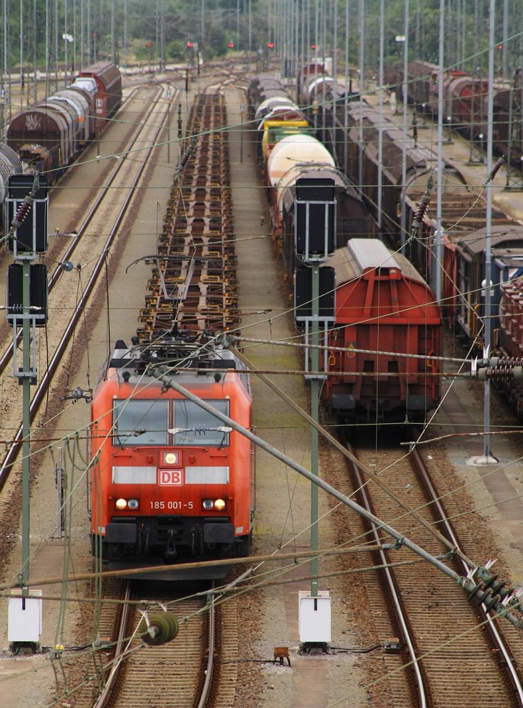 Garnicht so einfach durch die ganzen Leitungen und Masten ein ordentliches Bild hin zu bekommen....185 001-5 steht mit einem langen Zug leerer Containertransportwagen in der Einfahrgruppe Süd-Nord im Rbf Maschen. 29.06.2013