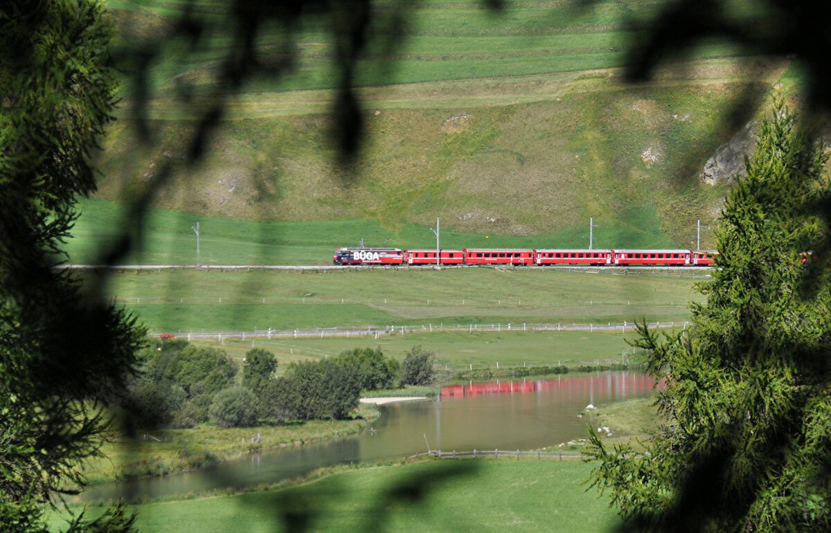 ge 4/4 III Nr.646 mit Werbung für BÜGA bei Celerina am 17.08.2009.