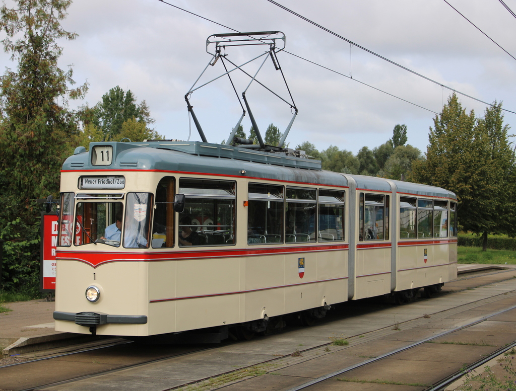 Gelenktriebwagen des Typs G4 aus dem Baujahr 1961 stand am 03.09.2023 in Rostock-Marienehe.