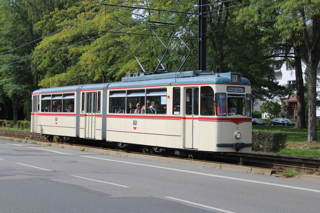 Gelenktriebwagen des Typs G4 aus dem Baujahr 1961 Nachmittag des 17.09.2023 in Höhe Haltestelle Rostock Parkstr.