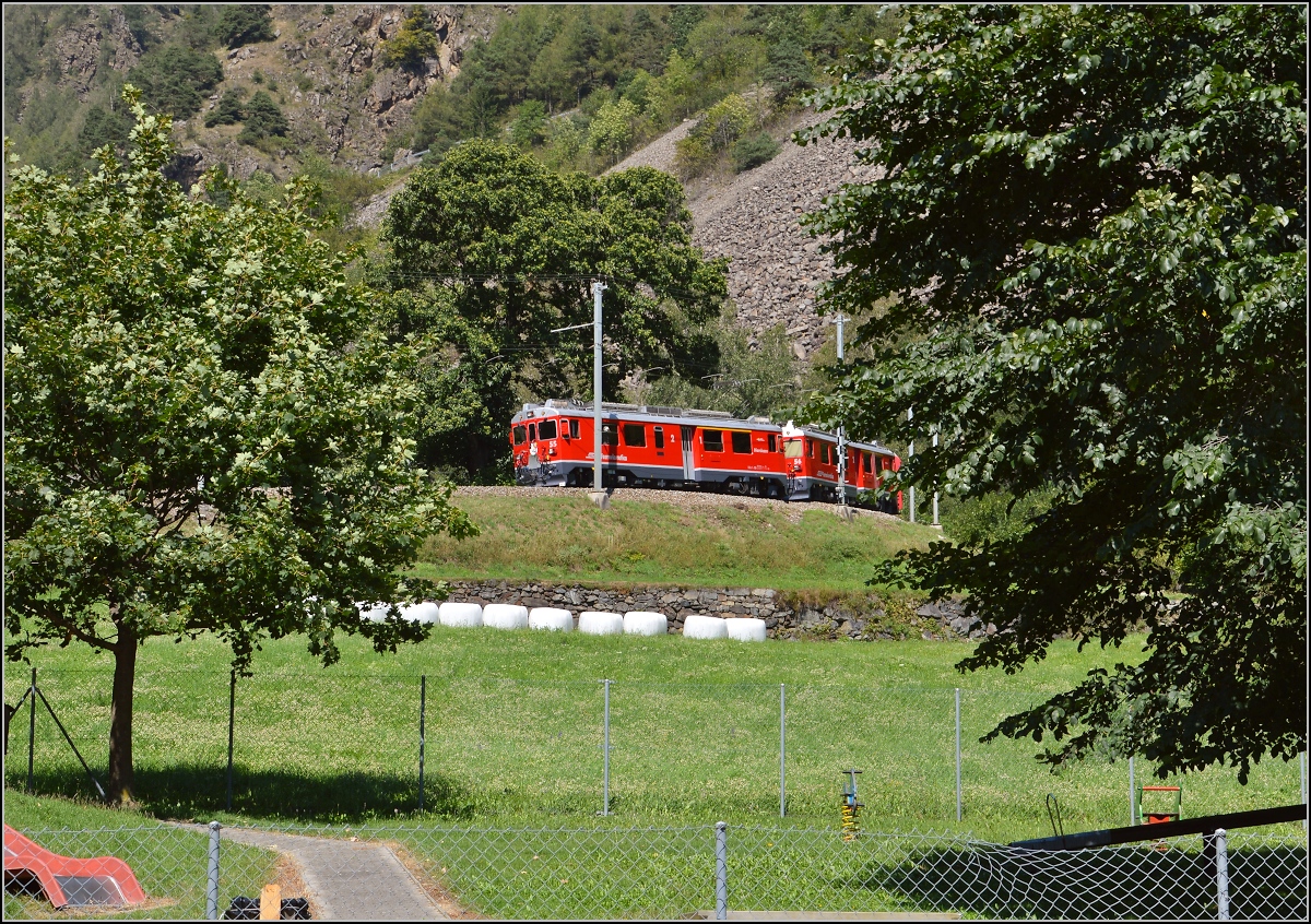 Gleich verschwindet der Regionalzug mit ABe 4/4<sup>III</sup> 55 und 56 in der Versenkung. Brusio, August 2015.