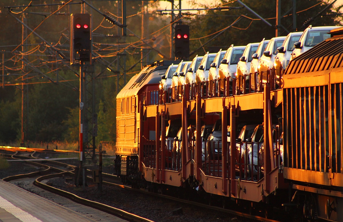 Hier mal der etwas andere Blick auf den EZ/GD 47420 der in Schleswig wegen seiner Länge auf den Gegenzug aus Husum in der Abendsonne warten musste. 28.07.2014