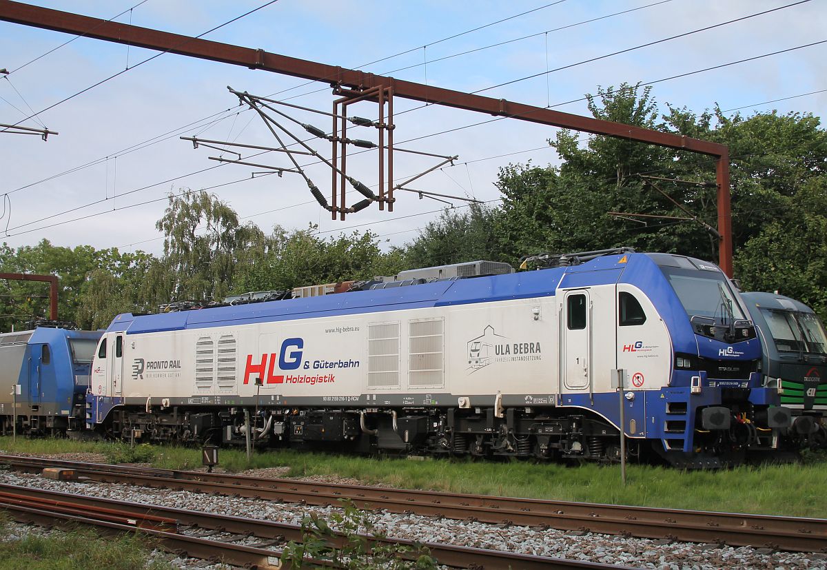 HLG 159 216-1 wartet in der Sdabstellung Pattburg/Padborg auf ihre Rckleistung nach Sden 26.8.2021