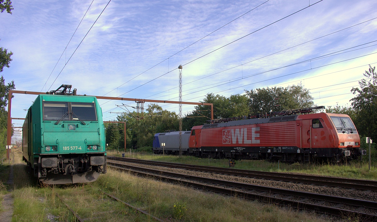 HLG/Bebra 185 577-4(REV/Be/31.07.14, Verl/ADAM/02.08.21), WLE 81 189 801-4(REV/WLE/05.07.18) und ATLU 185 508-9, Abstellgruppe Süd Padborg/DK 02.09.2020