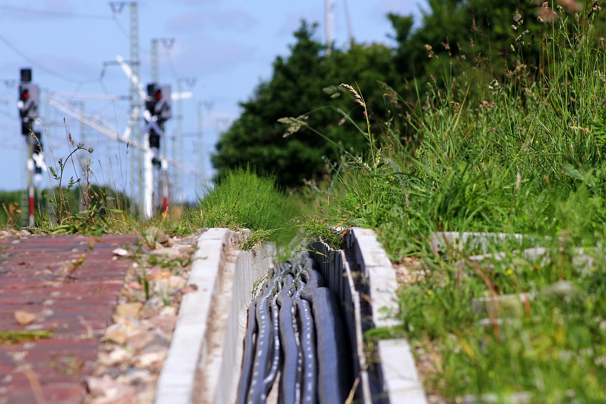 Im Moment werden in und um Jübek die Arbeiten für den Anschluss an das ESTW in Flensburg-Weiche durchgeführt und da momentan viele kleine Sensoren und Geber angeschlossen werden liegt der extra neu verlegte Kabelkanal offen...Grund genug die im Hintergrund schon aufgestellten Ks Signale in das Bild mit einzubinden. Jübek 28.06.2015