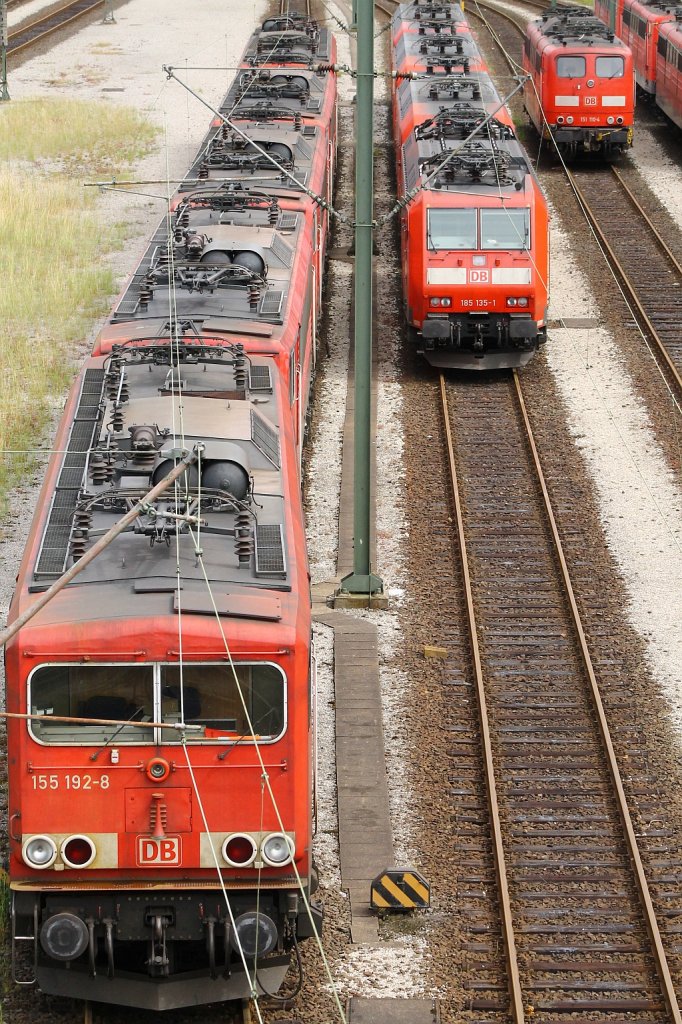 Jeder Baureihe hat ihre eigene Geschichte, die BR 155 hier vertreten von 155 192,123,068 und 118 sowie die 185 135 und ihre Schwestern und die BR 151 hier 151 110 abgestellt im Gbf Maschen. 29.06.2013