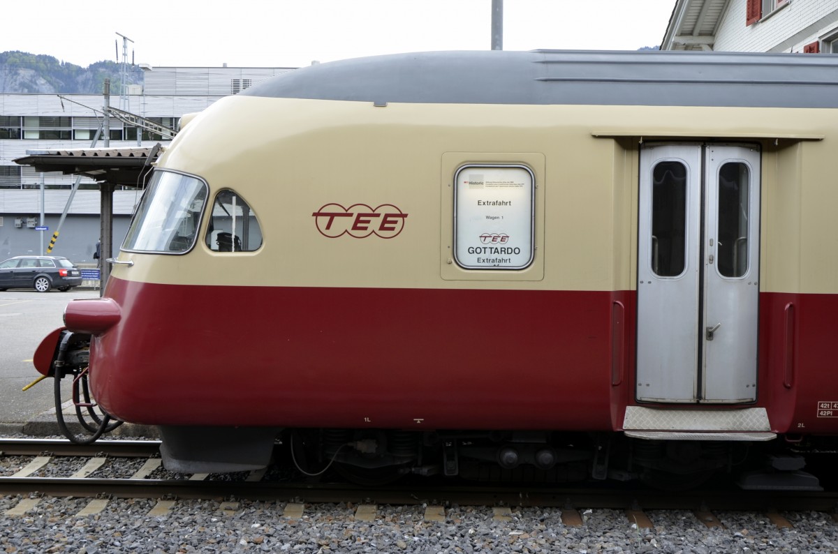 Jubiläum 125 Jahre RhB am 10.05.2014 in Landquart. Anlässlich des Jubiläums war im Bahnhof Landquart der SBB TEE  Gottardo  ausgestellt. Hier eine Seitenansicht mit dem Zuglaufschild.