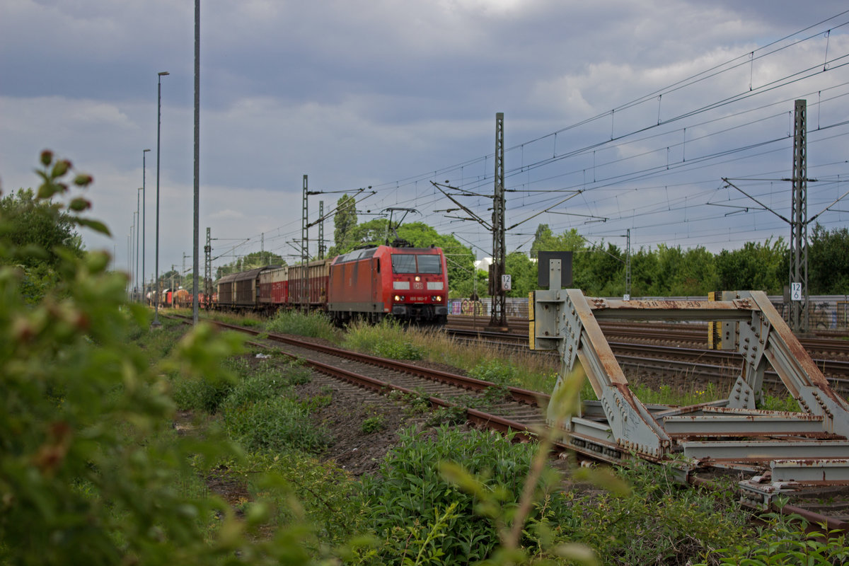 Knapp an der falschen Stelle lag am 13.06. das Wolkenloch, das die hintere Hlfte des von 185 180 gezogenen gemischten Gterzuges in Sonne tauchte, whrend 100 Meter sdlich die Lok reichlich verschattet daherkam.