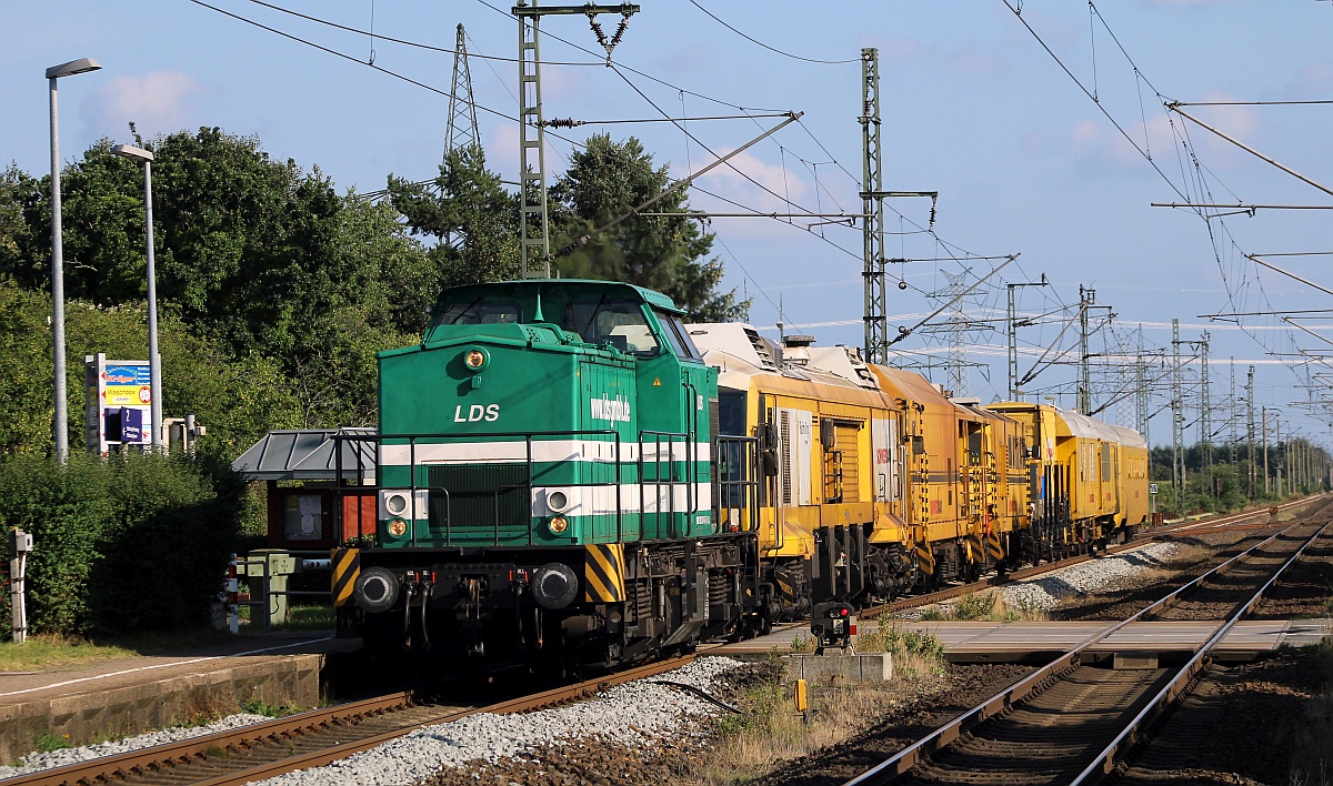 LDS/Schweerbau 203 127-6, REV/LS X/31.07.14, Verl 1/31.07.21, Verl 2/31.07.22 mit dem DGV 88585 aus Lüneburg kommend hat Einfahrt im Zielbahnhof Jübek. 04.09.2021 II