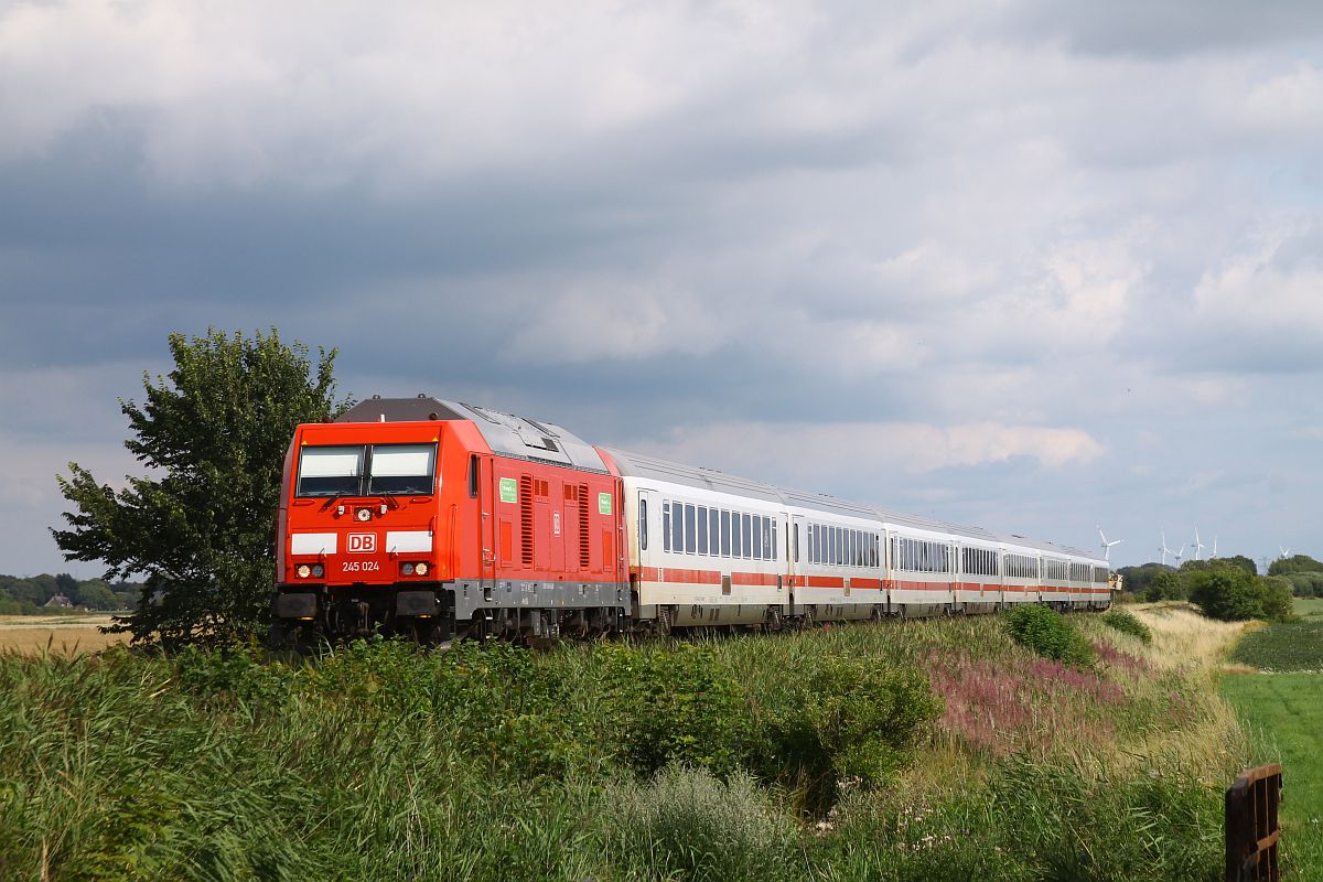 Leider wird das IC Paar IC 2310/2311 seit einiger Zeit planmäßig von den Rasenmähern der Reihe 245 befördert, hier die 245 024 vor dem IC 2310 nach Westerland (Sylt) beim Bü Triangel, 28.07.2023