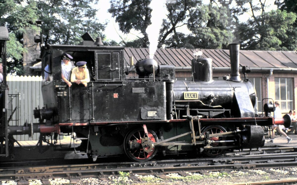 Lok Luci des BEM (Bayerisches Eisenbahnmuseum) beim Jubiläum 150 Jahre Deutsche Eisenbahn in Nürnberg am 18.08.1985.