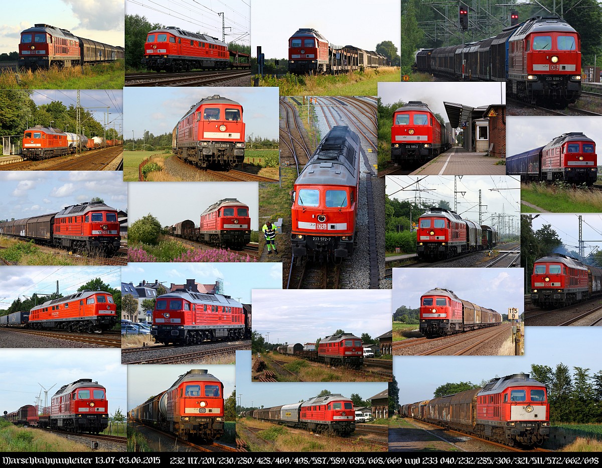 Mal eine kleine Homage an die Marschbahnumleiter 2015 die vom 13.07.bis 03.08.2015 den Norden besuchten. Insgesamt waren 21 Loks der BR 1 232(117/201/230/280/428/469/498/587/589/635/668+669) und 1 233(040/232/285/306/321/511/572/662+698) bedingt durch mehrere Ausfälle im Einsatz. Aufgenommen wurden die Bilder zwischen Schleswig und Esbjerg. Schleswig 16.08.2015