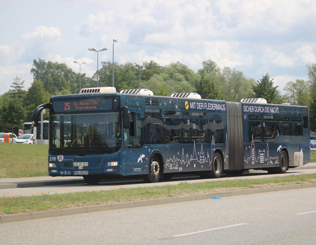 MAN Lion's City 270 mit der Fledermaus Werbung sicher durch die Nacht als Linie 25 von Rostock Hbf/Süd nach Rostock Thomas-Morus Str am Mittag des 14.07.2023 in Höhe Rostock-Stadthalle