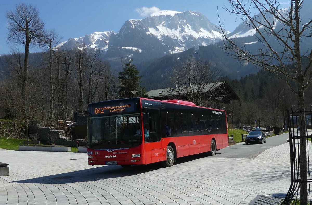 MAN Lions`s City von DB Oberbayernbus verl�sst die Ortschaft K�nigsee Richtung Berchtesgaden HBF, April 2019