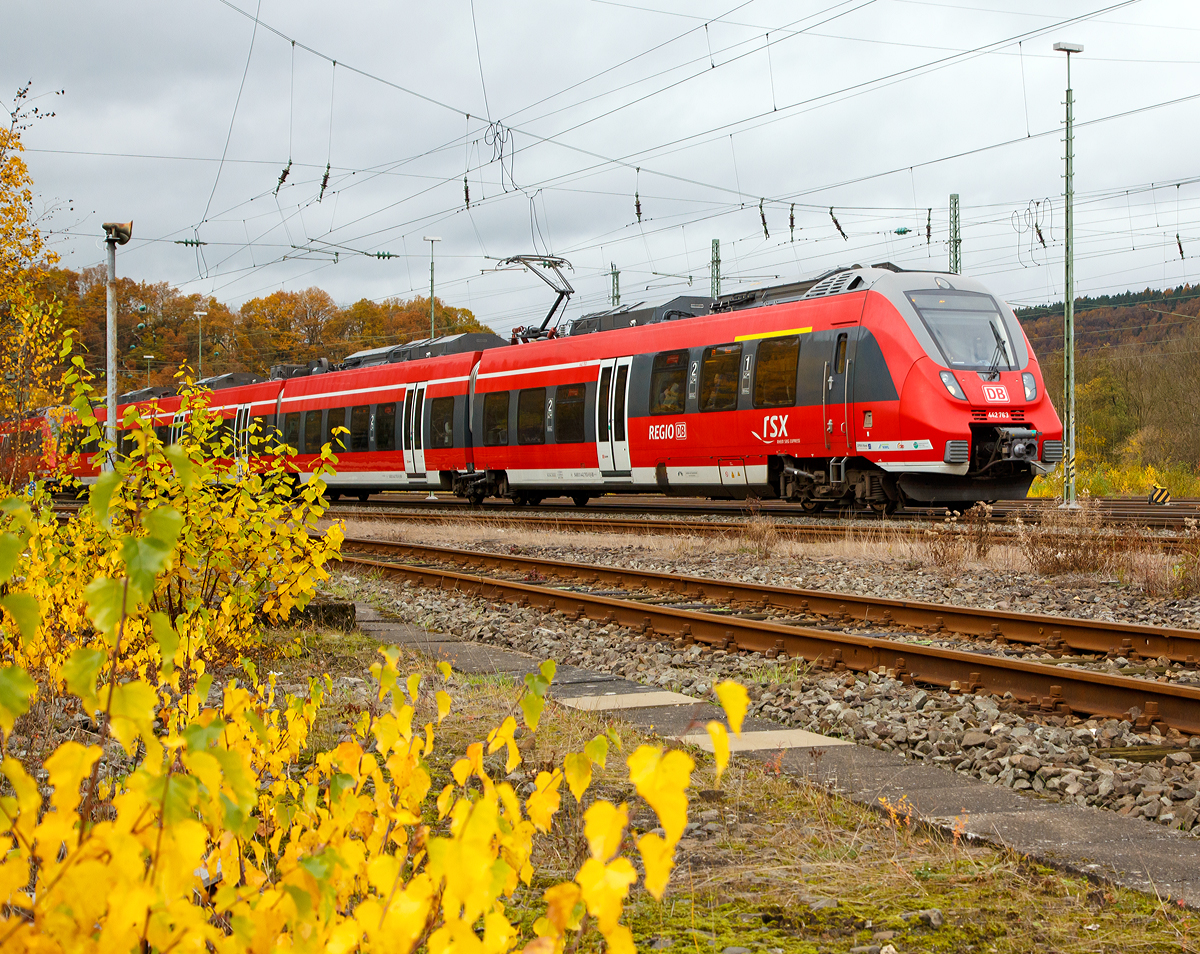 
Motiv herbstlich verdeckt - Zwei gekuppelte 4-teilige Bombardier Talent 2 (BR 442 / 443) der DB Regio NRW erreichen bald (am 07.11.2015), als RE 9 (rsx - Rhein-Sieg-Express) Siegen - Köln - Aachen, den Bahnhof Betzdorf/Sieg.