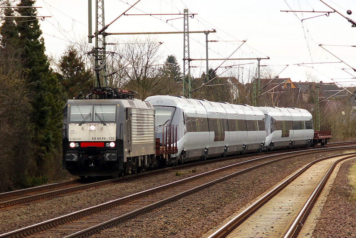 MRCE/TXL 189 150-6/ES 64 F4-150 als Zuglok der Überführungsfahrt DGS 42196(Löhne Gbf-Padborg)hier sehr pünktlich mit -25min bei der Durchfahrt in Schleswig. Ab Padborg übernimmt die CFL Cargo den Zug und bringt ihn nach Aarhus zum Werk. 12.03.2012