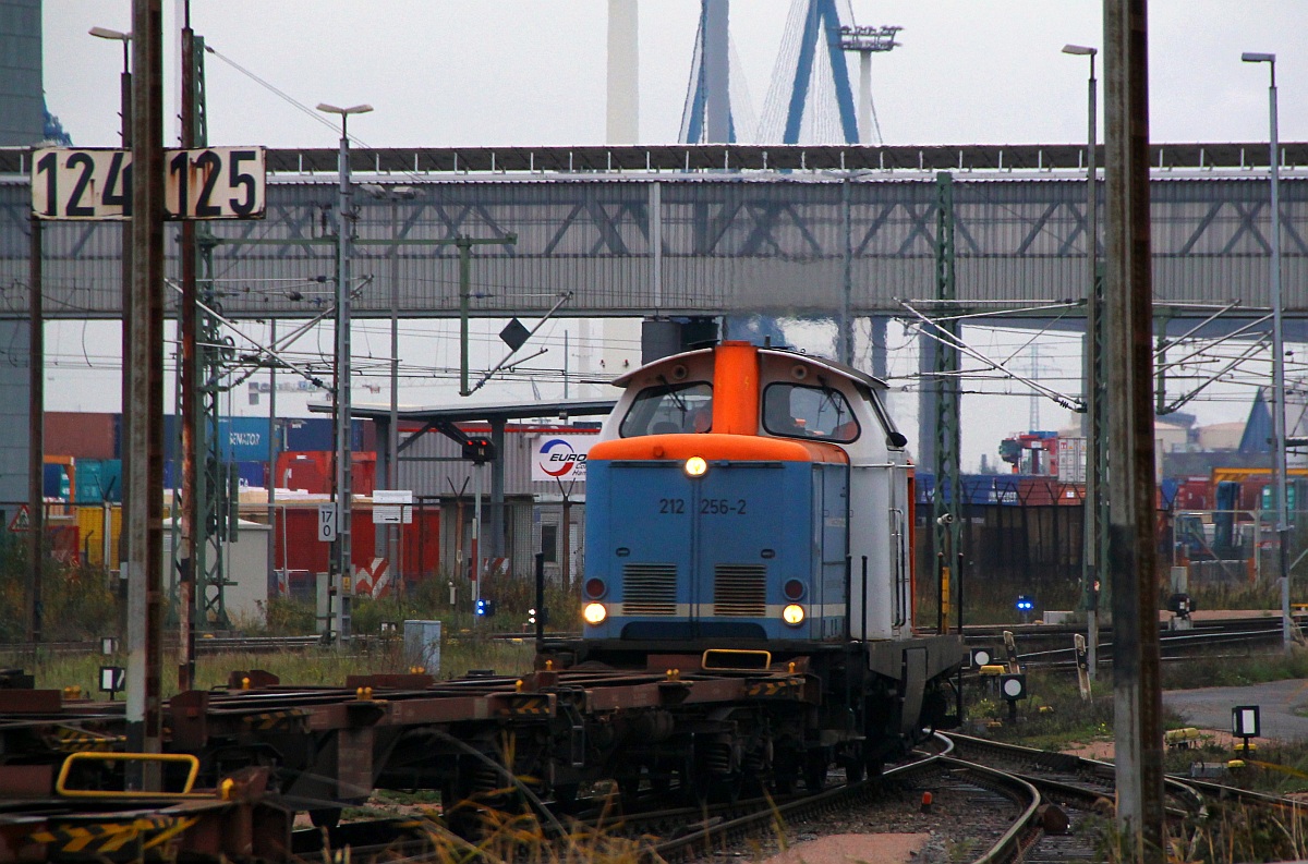 NBE 212 256-2 rangiert mit leeren Containertragwagen am Euro Terminal Dradenau. 02.11.2013