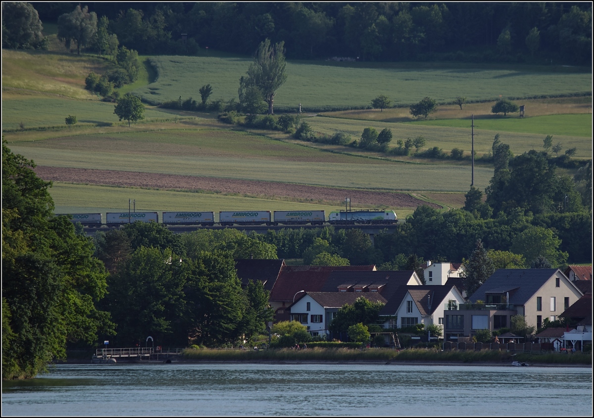 Nicht trivial fr den Fotografen, whrend der Coronakrise Fotos im jeweiligen Nachbarland zu schiessen, aber auch nicht vllig unmglich. Gterzug mit Re 475 bei Mumpf. Mai 2020.