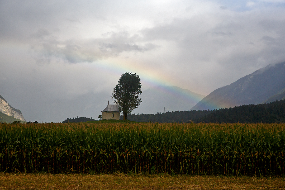 Regenbogen über der kleinen Baselgia Sogn Mang bei Bonaduz (Churer Rheintal) am 12.09.2017 aus einem RhB-Zug heraus fotografiert.

Die kleine Feldkapelle Sogn Mang auf der Bonaduzer Terrasse wurde 1773 erbaut und 1993 restauriert. Sie ist dem heiligen Magnus (romanisch: Sogn Mang) geweiht und gehört zur kath. Pfarrei Mariä Himmelfahrt Bonaduz. Die besondere Lage auf dem offenen Feld mit den beiden mächtigen Pappeln lädt zum Verweilen ein.
