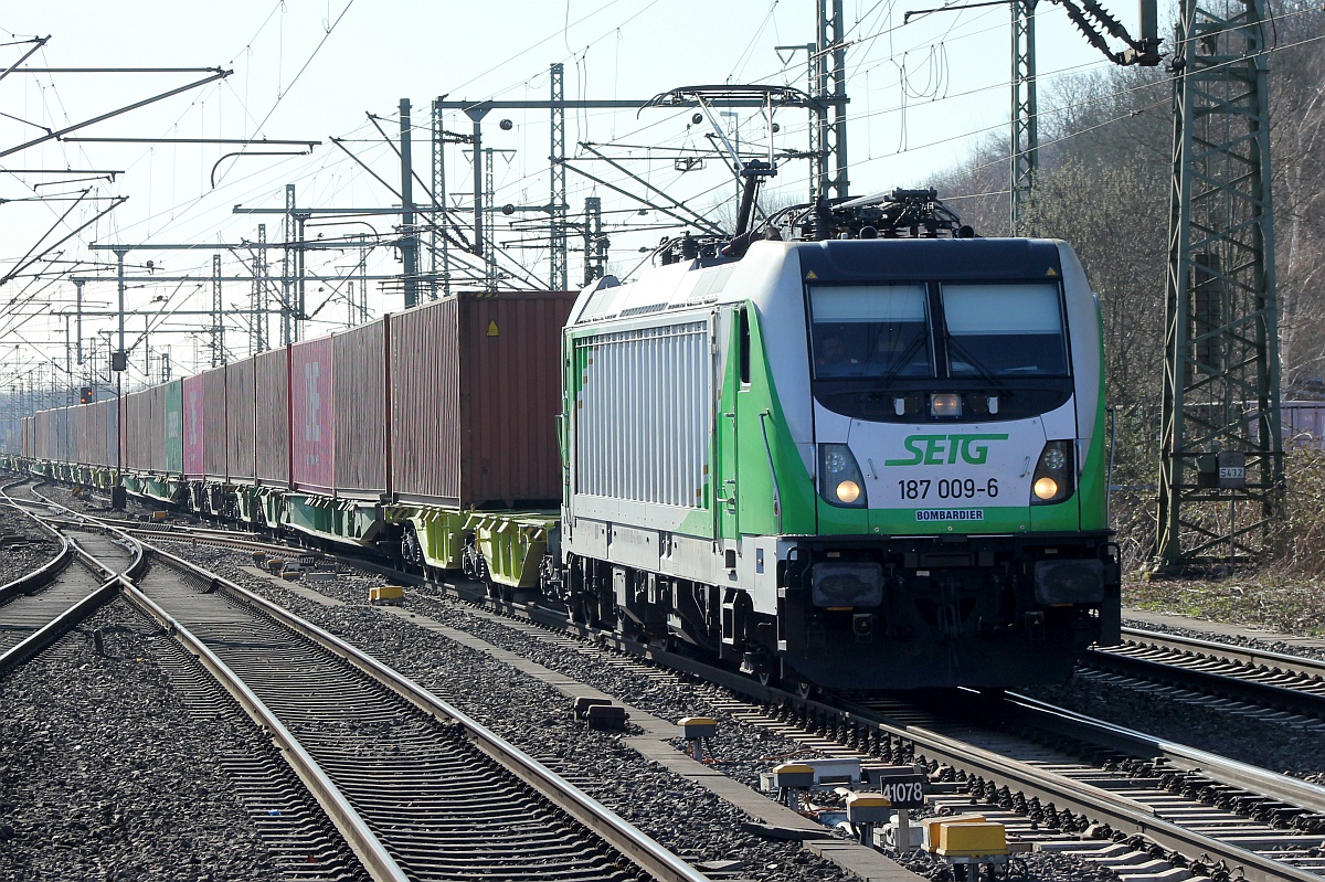 RPool/SETG 187 009-6 mit Containern gen Hafen. HH-Harburg 03.04.21