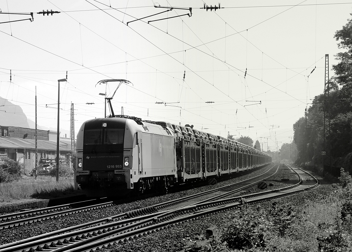 S-W Aufnahme der 1216 953-0 der WLC(91 81 1216 953-0 A-WLC) die hier mit einem sehr langen Autotransport durch Brohl fuhr. Brohl 30.09.2012 