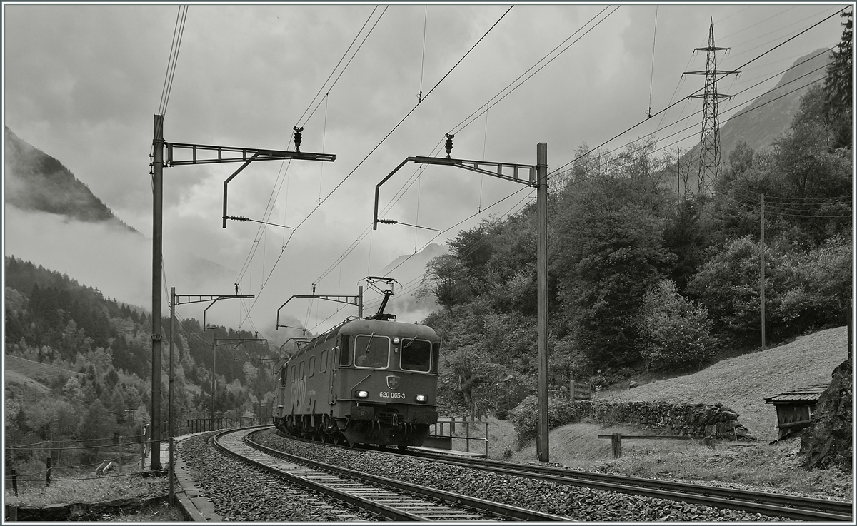 SBB Re 620 065-3 und eine Re 4/4 II/III mit einem Güterzug zwischen Wassen und Pfaffensprung.
10.10.2014