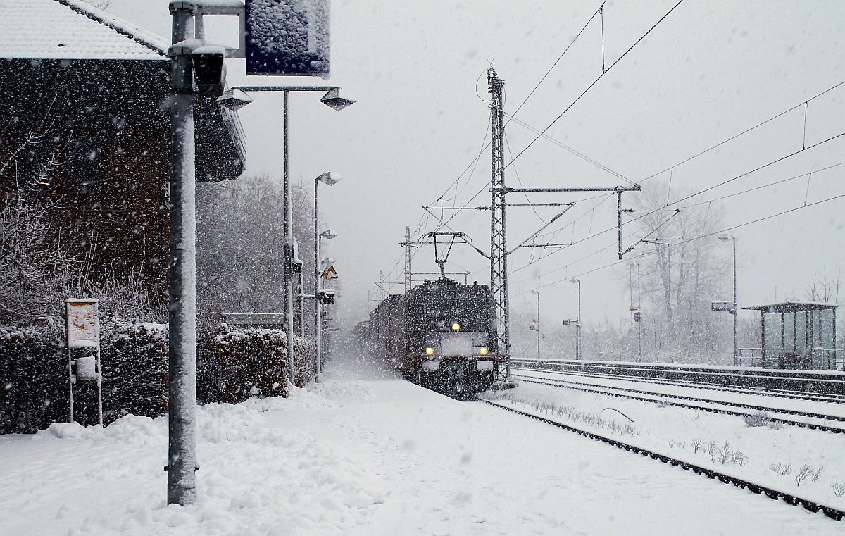 Schneegestöber der feinsten Art und ein schneller Gz....Hectorrail 241.006  Carlrissian  staubt hier durch Schleswig. 29.01.2015