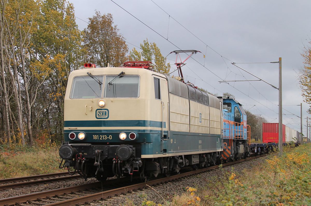 SEL 181 213 mit neg V 102 im Schlepp und ihrem Nordliner KLV fährt auf dem  falschen  Gleis nach Pattburg/Padborg, hier kurz vor Harrislee Grenze, 1.11.2021 