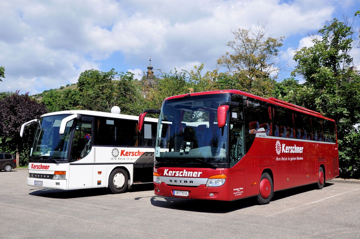 Setra 415 GT-HD von Kerschner Reisen und links ein Setra 317 UL ebenfalls von Kerschner Reisen aus sterreich im Juni 2015 in Krems.